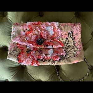 Anthropologie Green and pink sequin Clutch bag with Chain Strap